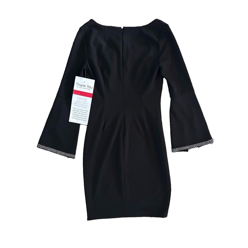 NWT Calvin Klein Black Dress Knee Length Size 4 Slit Sleeves Rhinestones Classy - Picture 7 of 7